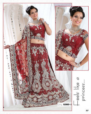 Dark Red Bridal Net Lehenga Choli with heavy attractive stone work