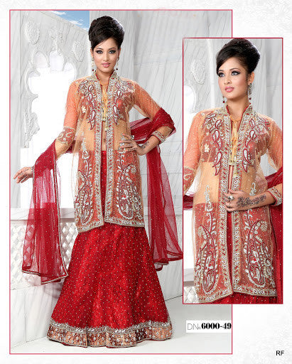 Red Traditional Bridal Indian Long Jacket Style Shirt Lehenga