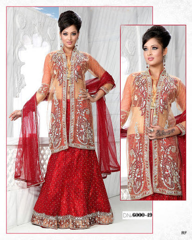 Red Traditional Bridal Indian Long Jacket Style Shirt Lehenga
