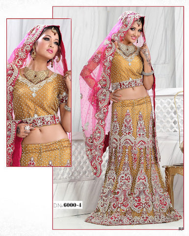 Golden pink Bridal Net Lehenga Choli with attractive stone work