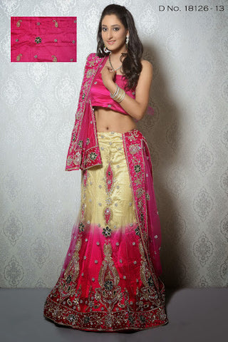 Cream & Neon Pink Net Embroidery Heavy Stone Work Bridal Lehenga Choli