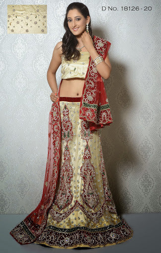 Cream Color Net Embroidery With Stone Work Lehenga Choli