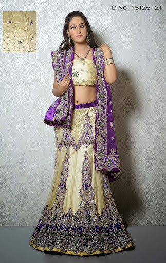 Cream & Purple Net Embroidery With Stone Work Lehenga Choli