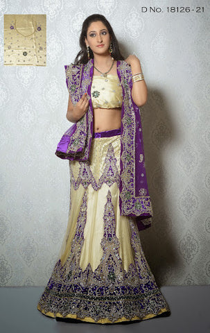 Cream & Purple Net Embroidery With Stone Work Lehenga Choli
