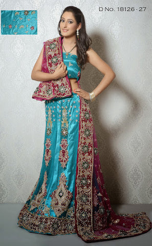 Sky Blue & Magenta Embroidery With Stone Work Lehenga Choli 