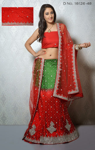 Red And Green Embroidery With Heavy Stone Work Lehenga Choli
