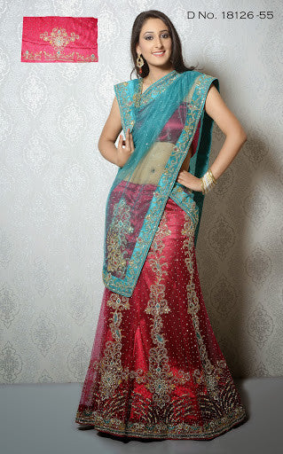 Vibrant Turquoise And Maroon Color Net Bridal Lehenga Choli