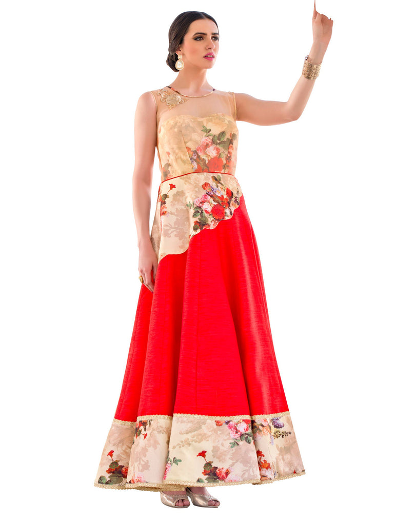 Bring Attiude yours style  Art silk Red Printed work Digital printed Bridal Ethnic Semi Stich Gown