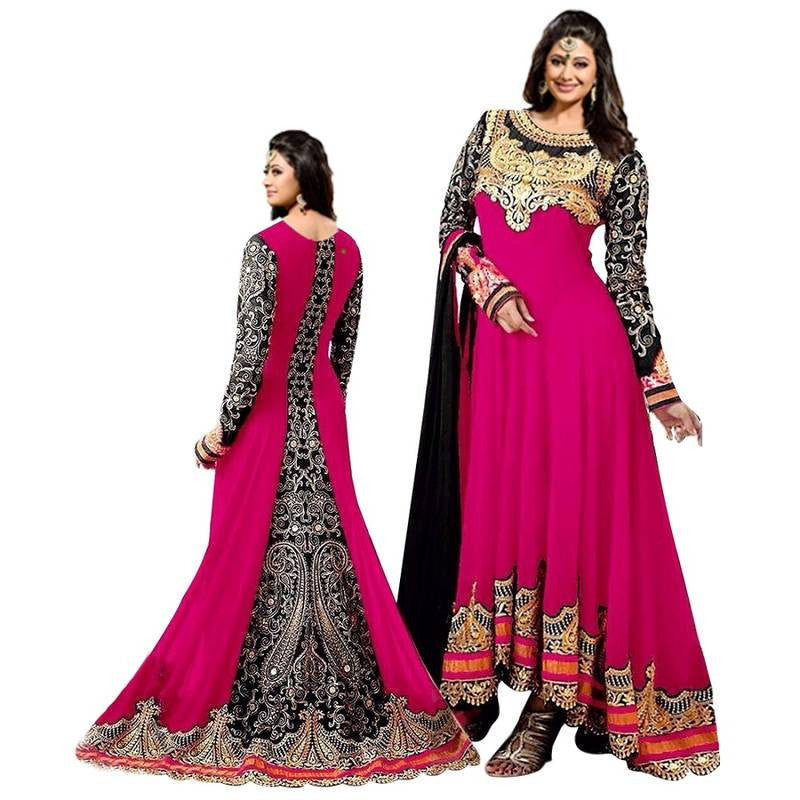 Pink embroidered georgette unstitched salwar with dupatta