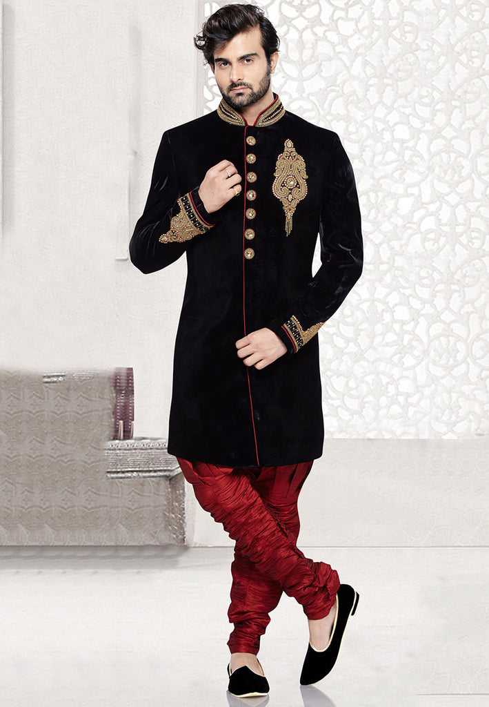 Zardosi Embroidered Velvet Sherwani in Black